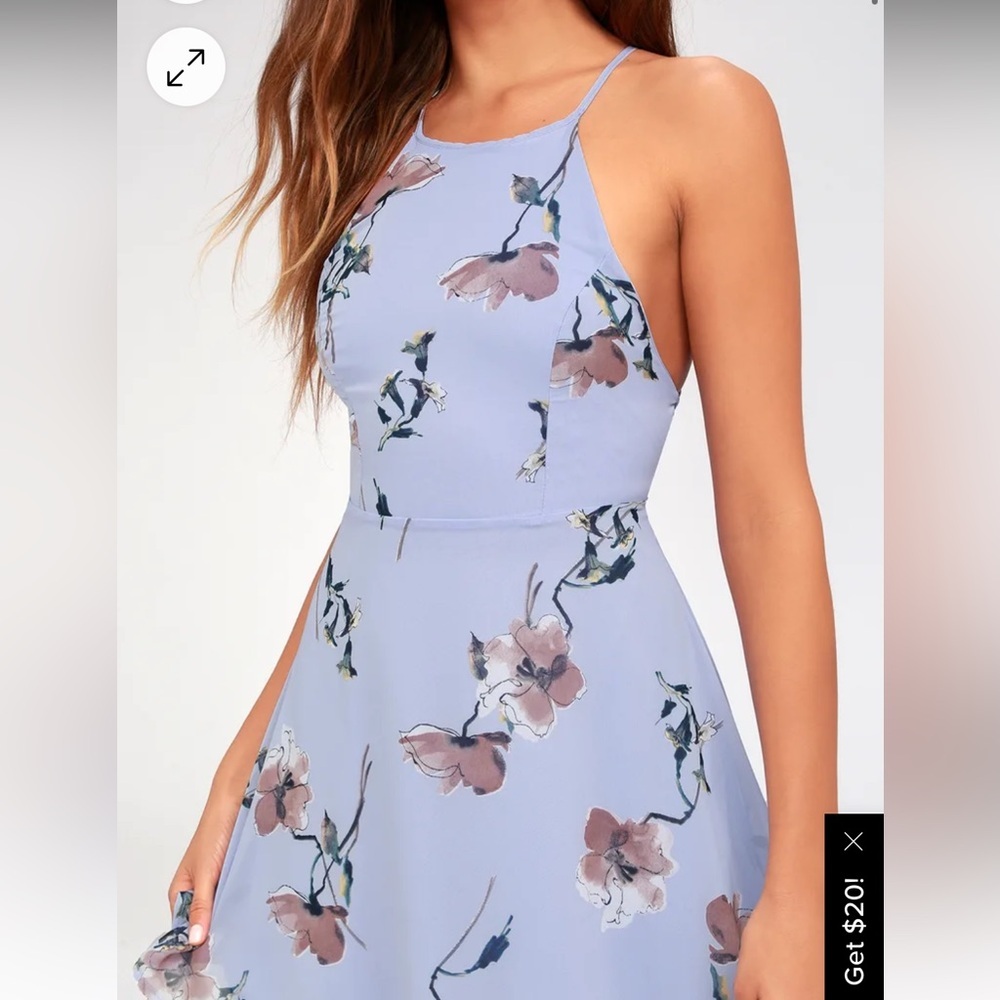 Lulu’s Cherished Moment Dusty Blue Floral Print Lace-Up Skater Dress | size sm - Picture 2 of 6